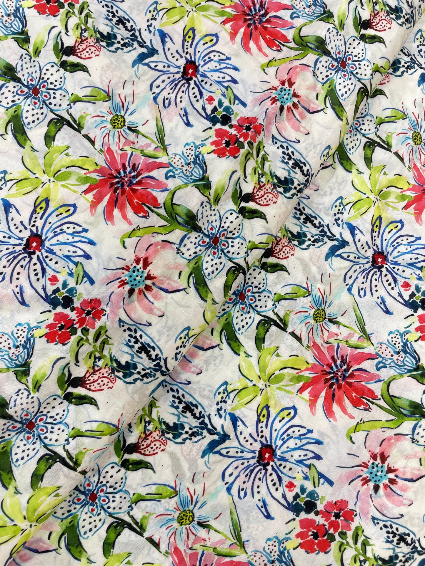 Classic Delicate Floral Digital Print On White Muslin Fabric