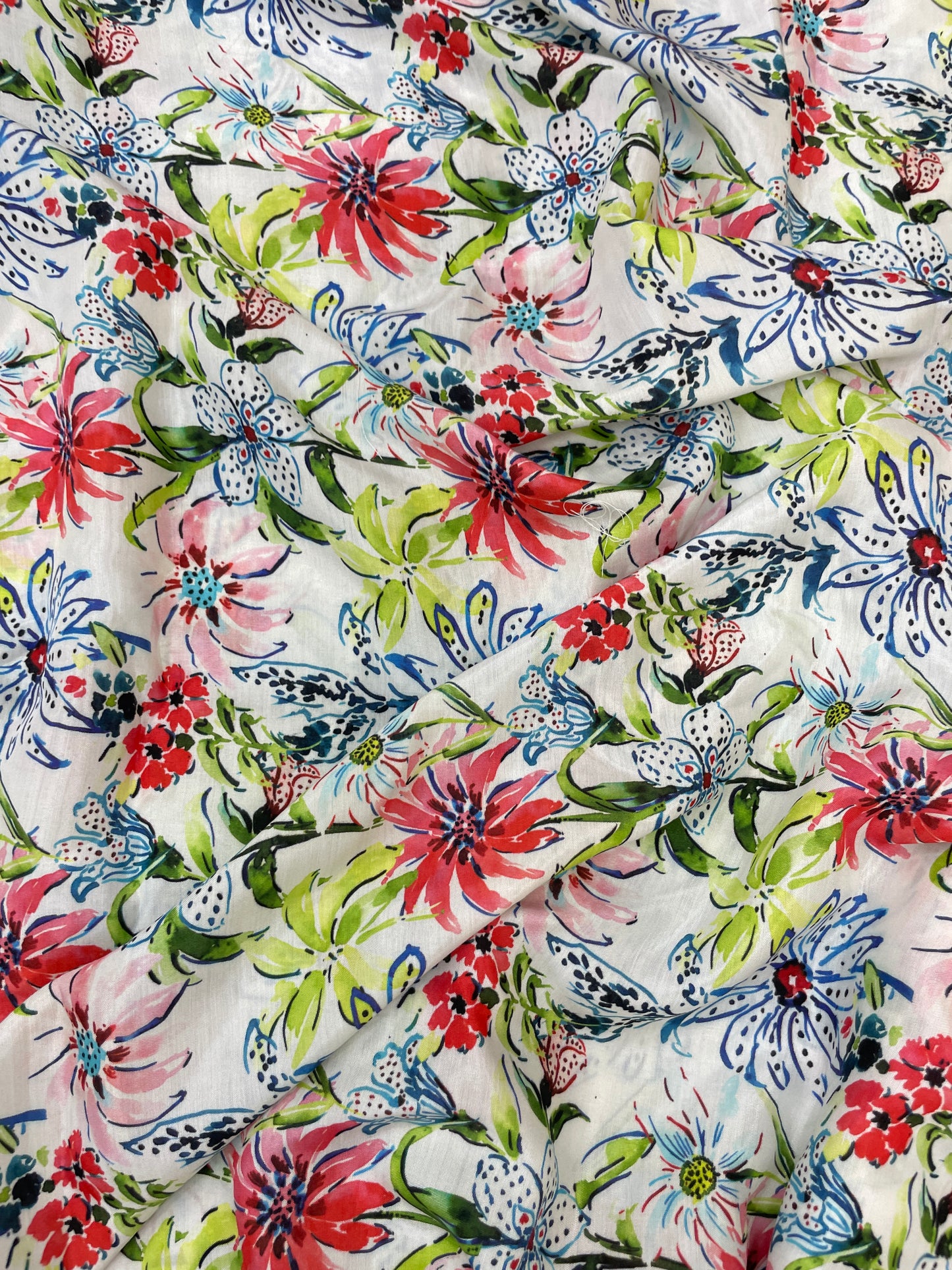 Classic Delicate Floral Digital Print On White Muslin Fabric