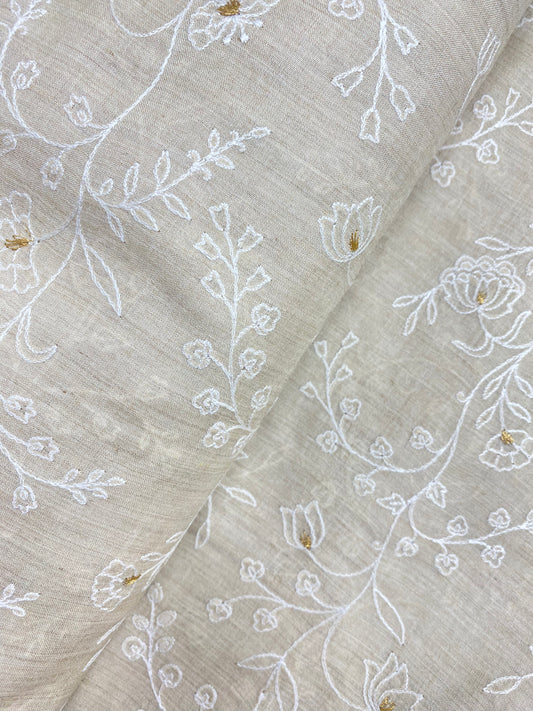 Pretty Classic Little FLORAL And Leafy White Thread Embroidery With Zari Work On Munga Silk Fabric