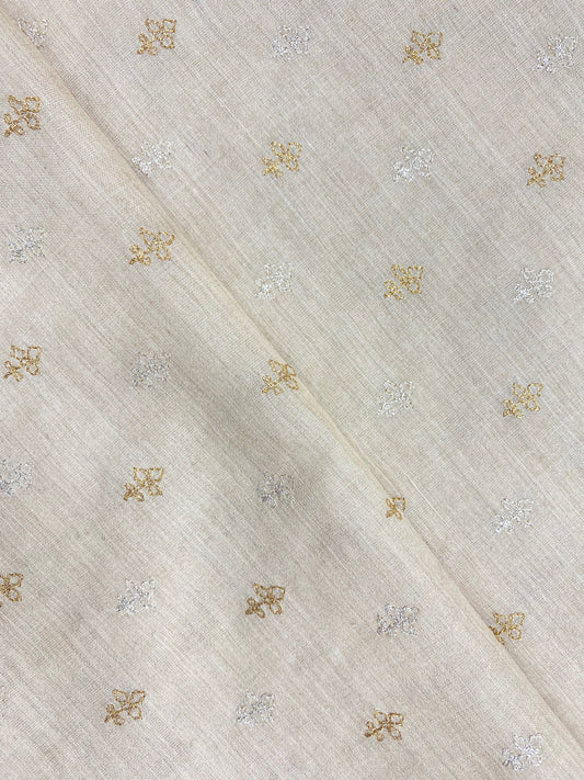 Eye Catching Pretty Dainty Floral White Thread And Golden Zari Embroidery On Munga Silk Fabric