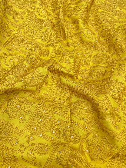 Superb Attractive Traditional Thread Embroidery With Dainty Sequin Work On Mysore Silk Fabric