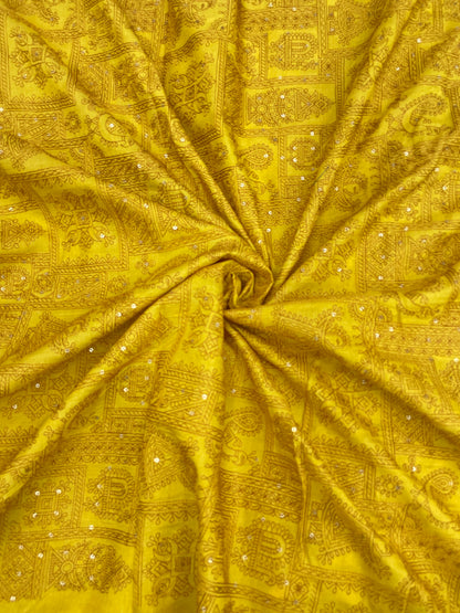 Superb Attractive Traditional Thread Embroidery With Dainty Sequin Work On Mysore Silk Fabric