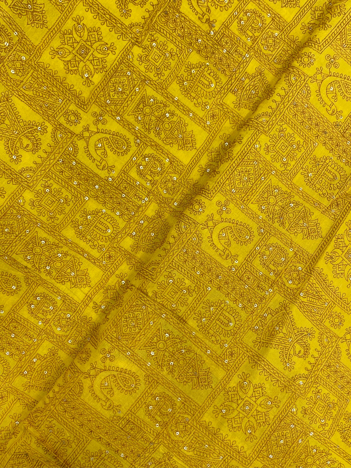 Superb Attractive Traditional Thread Embroidery With Dainty Sequin Work On Mysore Silk Fabric