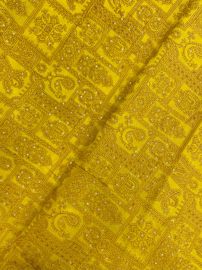 Superb Attractive Traditional Thread Embroidery With Dainty Sequin Work On Mysore Silk Fabric