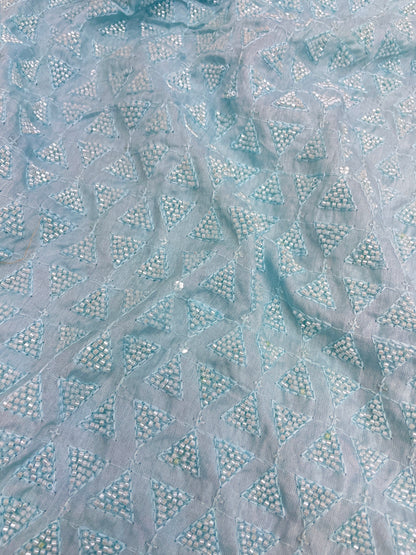 Luxurious Delicate Triangular Shaped Cut Dana Work All Over Mysore Silk Fabric