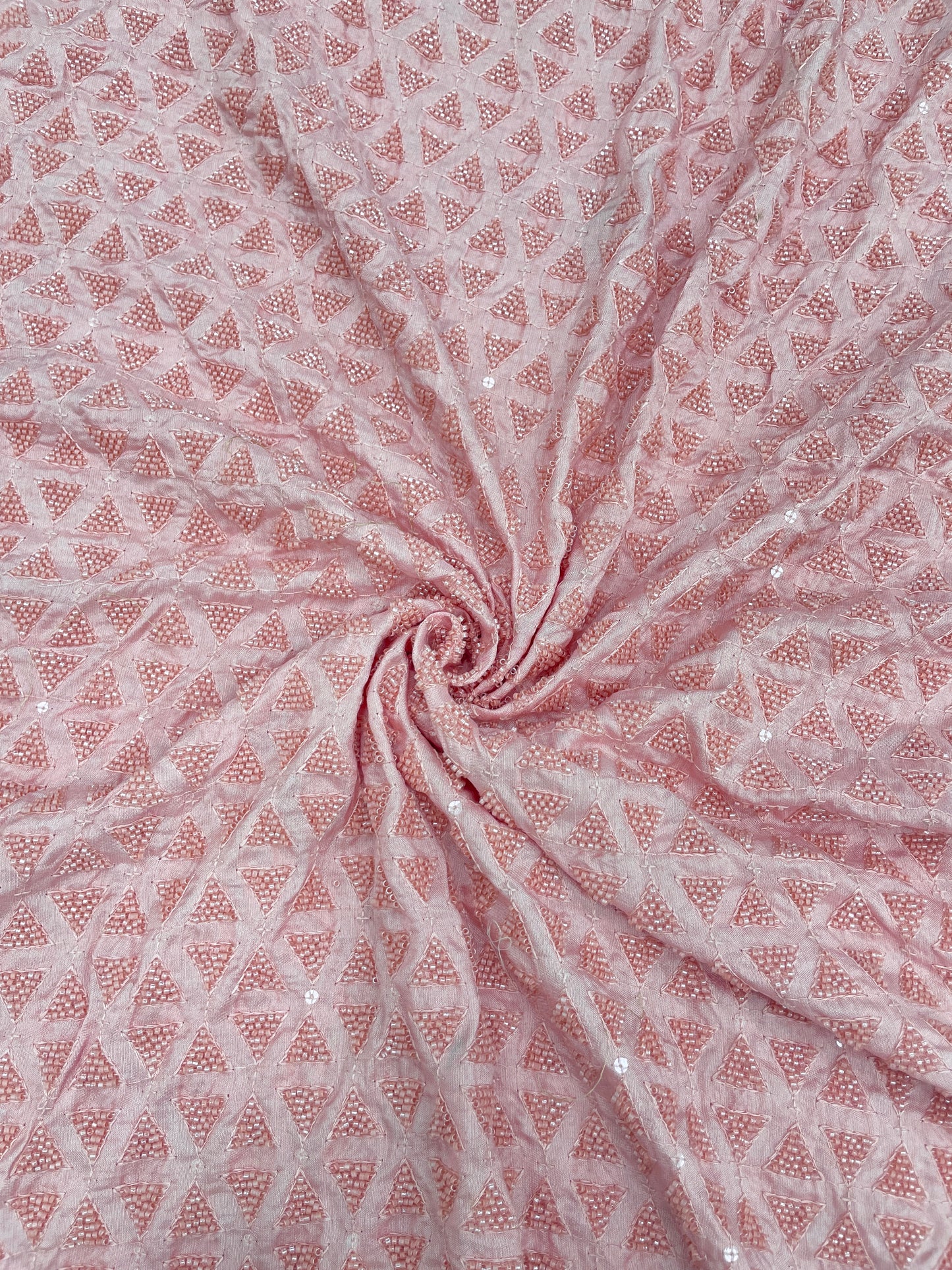 Luxurious Delicate Triangular Shaped Cut Dana Work All Over Mysore Silk Fabric