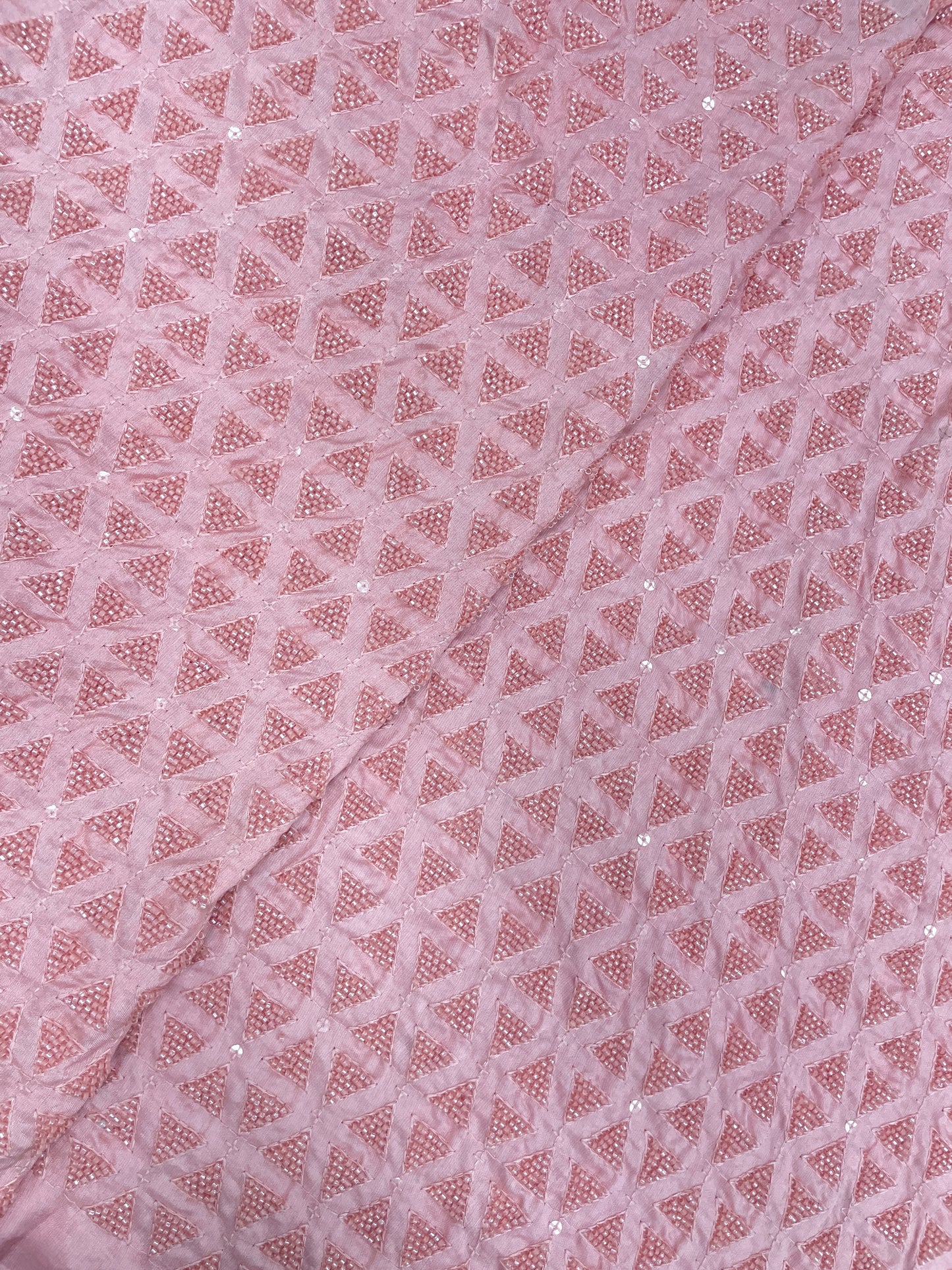 Luxurious Delicate Triangular Shaped Cut Dana Work All Over Mysore Silk Fabric