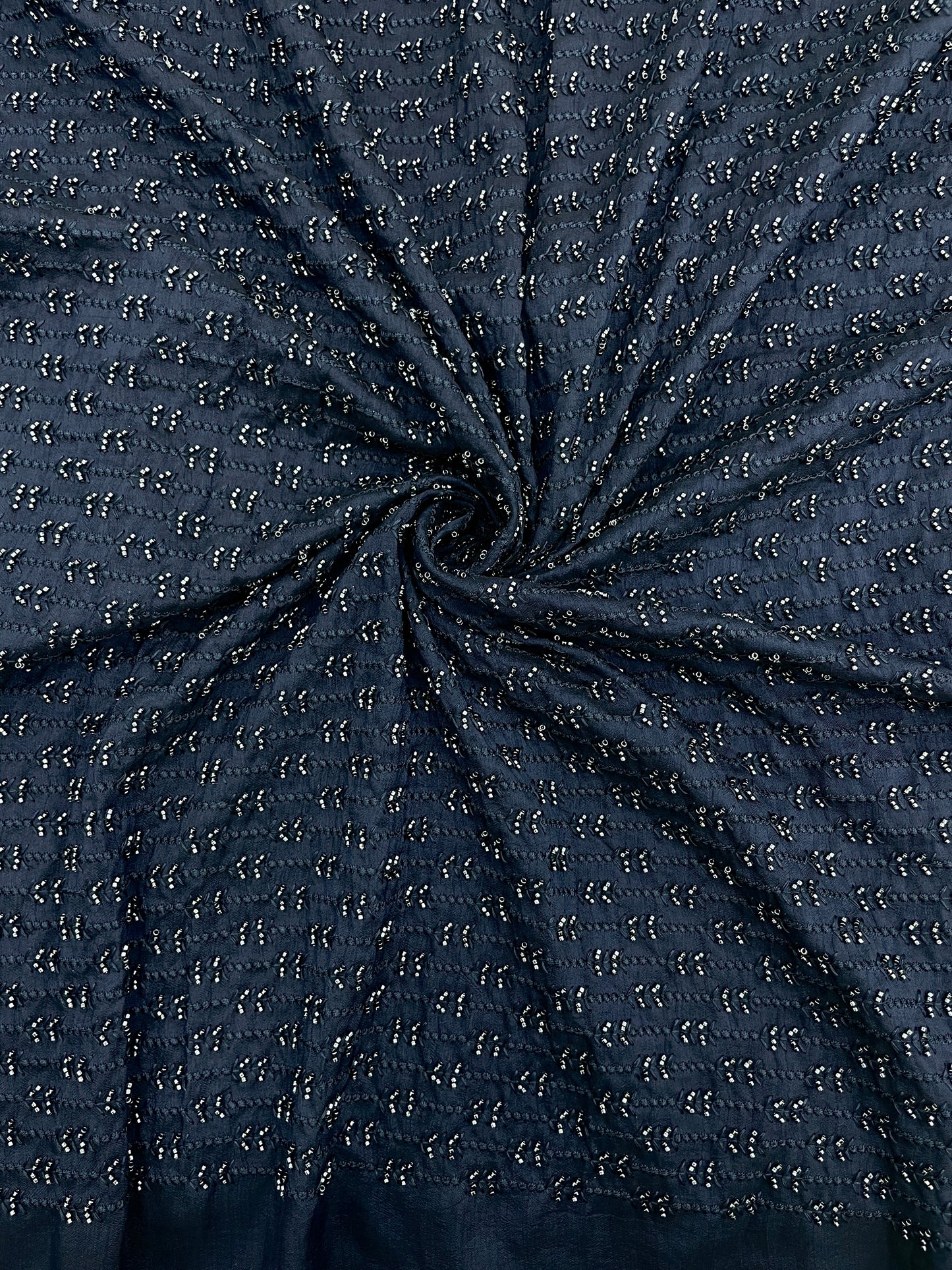 Pleasant Appealing Blue Self Thread Embroidery With Premium Cut Dana Work On Mysore Silk Fabric