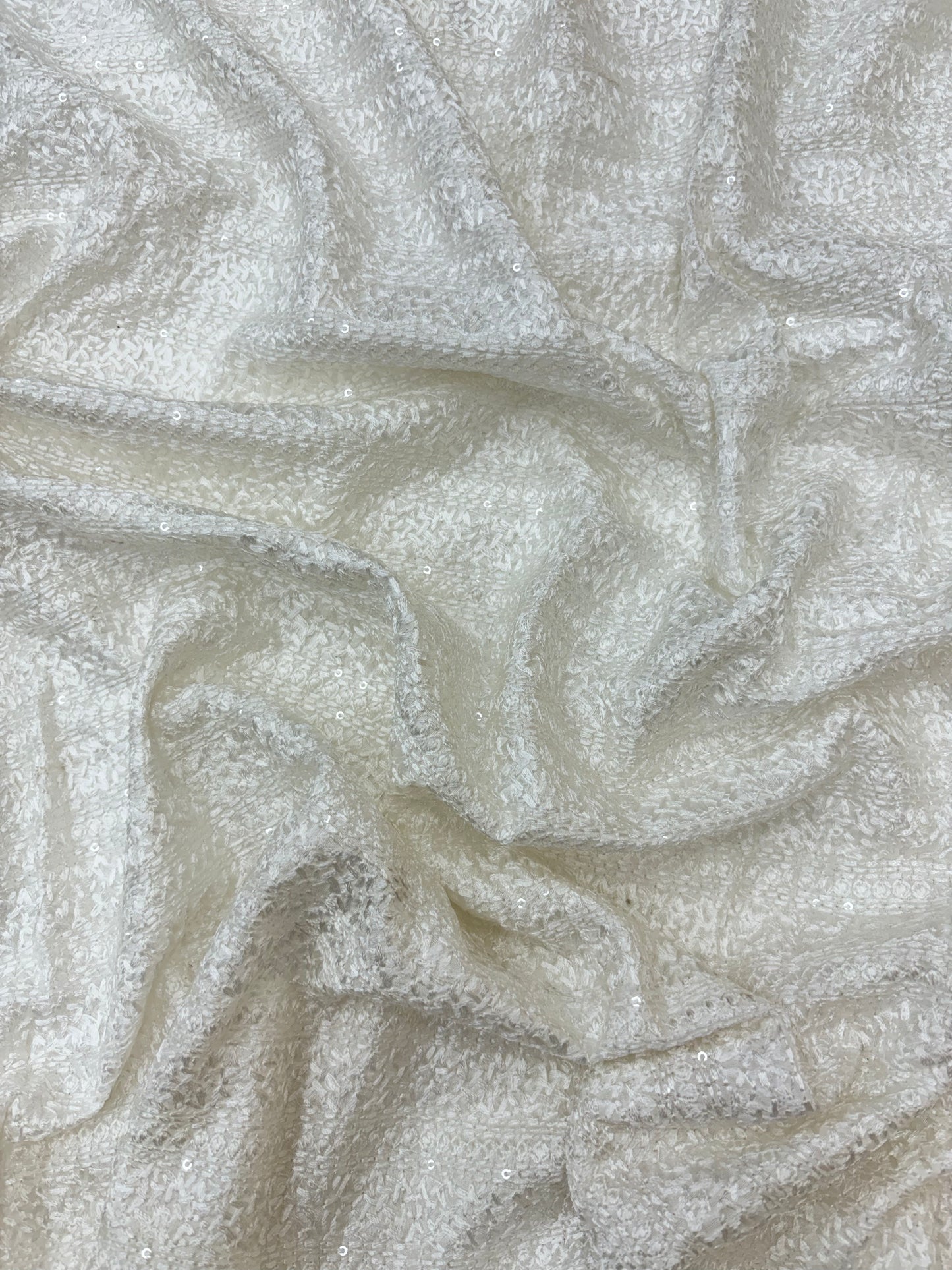 Elegant White Sequined Floral Embroidery on White Dyeable Mysore Silk Fabric