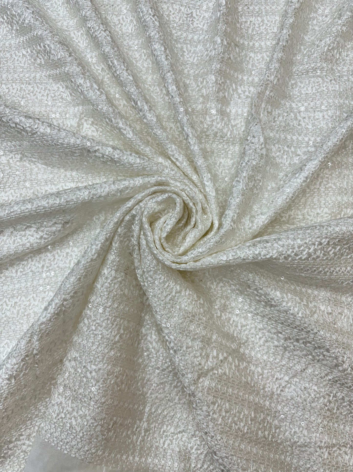 Elegant White Sequined Floral Embroidery on White Dyeable Mysore Silk Fabric