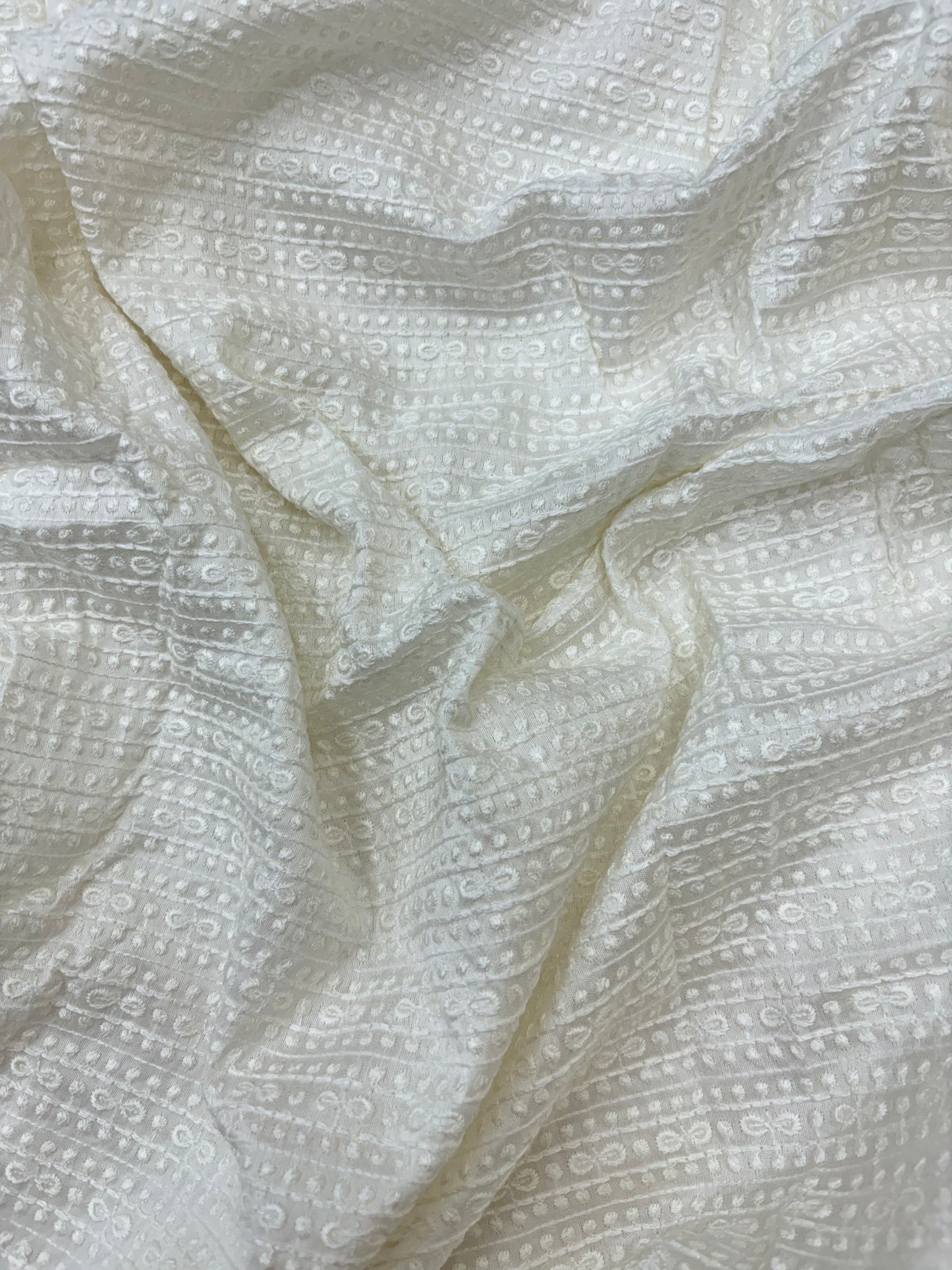 Textured White Thread Embroidery on White Dyeable Mysore Silk Fabric