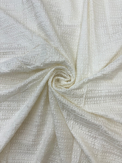 Textured White Thread Embroidery on White Dyeable Mysore Silk Fabric