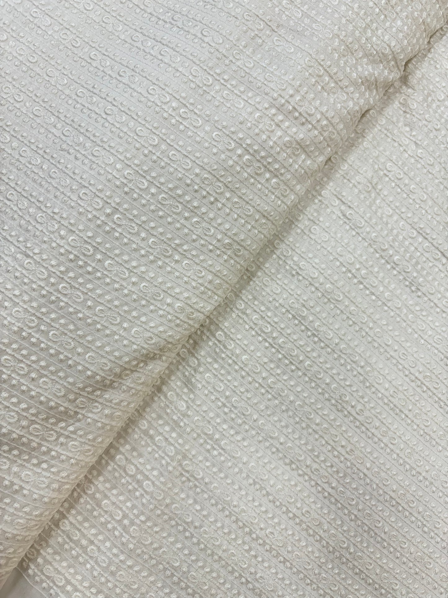 Textured White Thread Embroidery on White Dyeable Mysore Silk Fabric