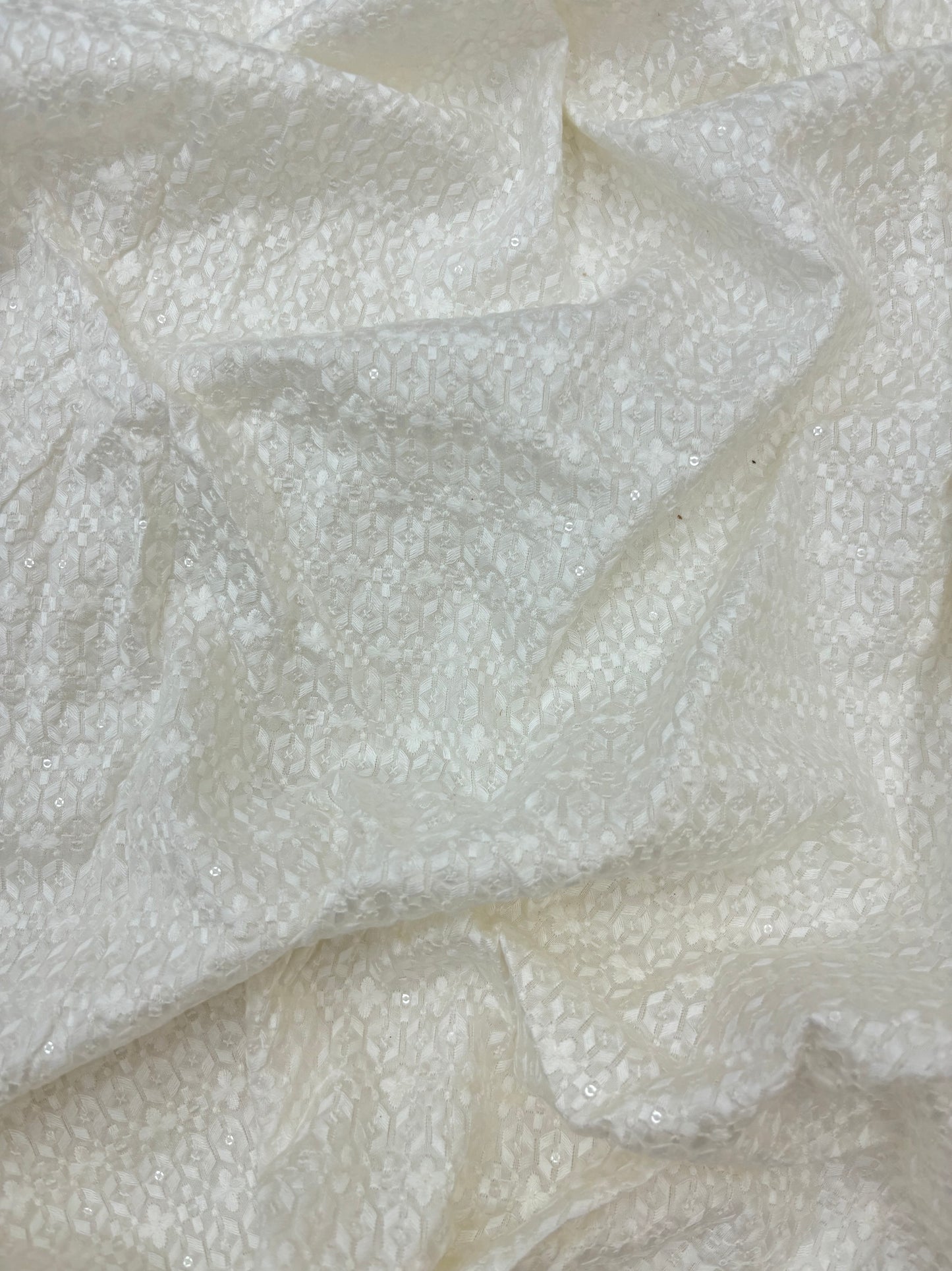 Elegant White Viscose Thread Embroidery on Dyeable Mysore Silk Fabric