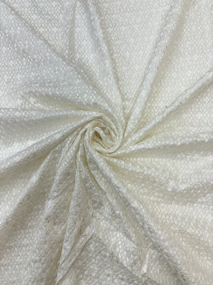 Elegant White Viscose Thread Embroidery on Dyeable Mysore Silk Fabric