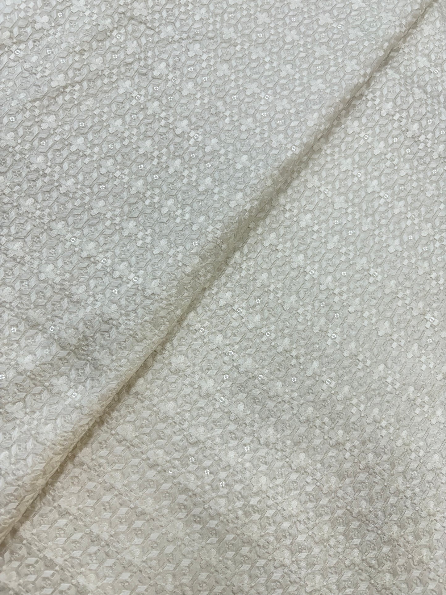 Elegant White Viscose Thread Embroidery on Dyeable Mysore Silk Fabric