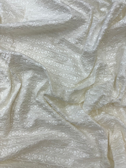 Luxurious Subtle Small Floral Thread Embroidery on White Dyeable Mysore Silk Fabric