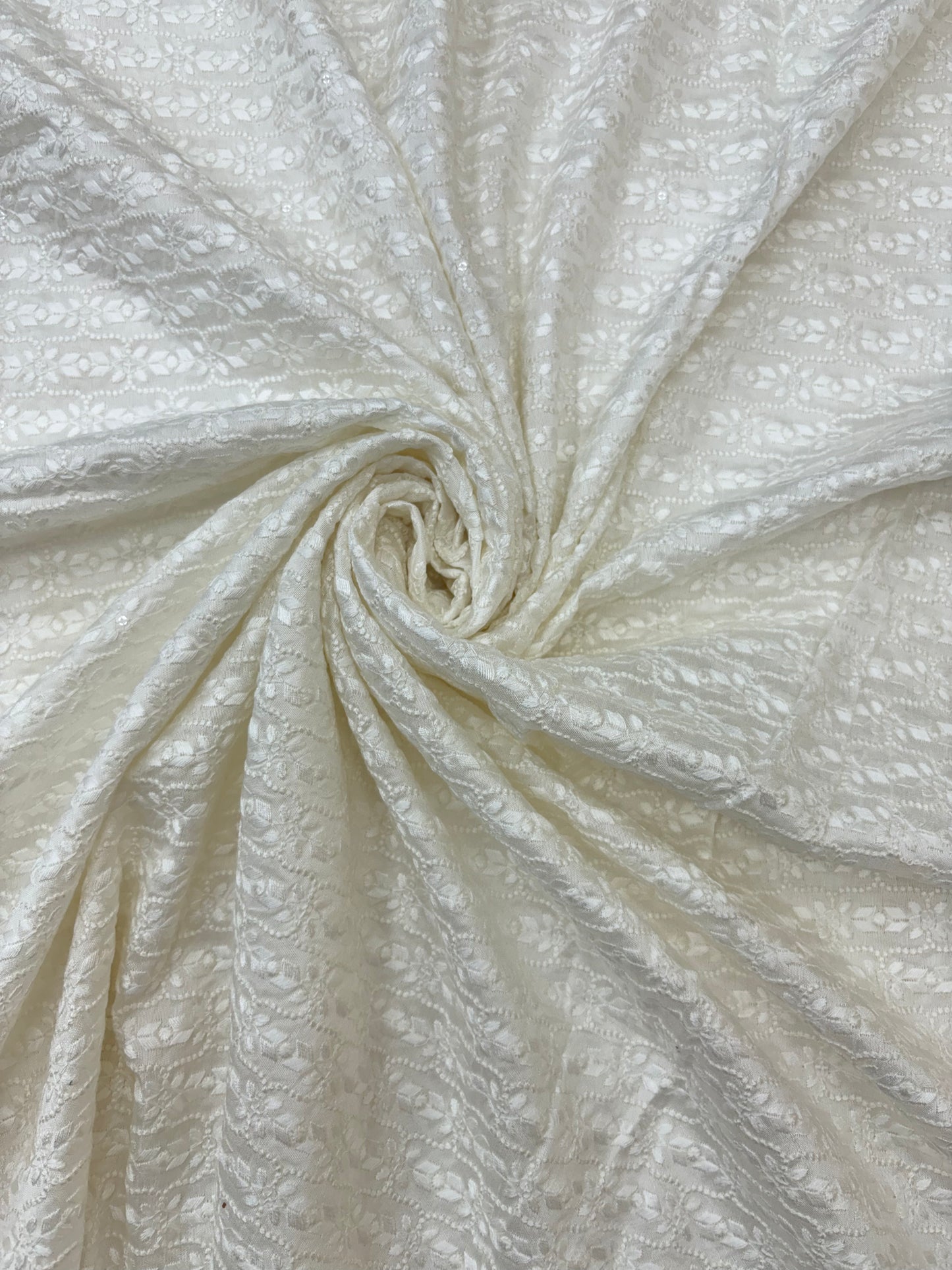 Luxurious Subtle Small Floral Thread Embroidery on White Dyeable Mysore Silk Fabric