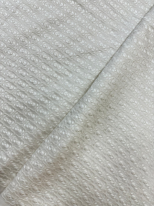 Luxurious Subtle Small Floral Thread Embroidery on White Dyeable Mysore Silk Fabric