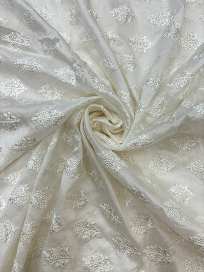 Beautiful Jacquard Weave on White Dyeable Mysore Silk Fabric