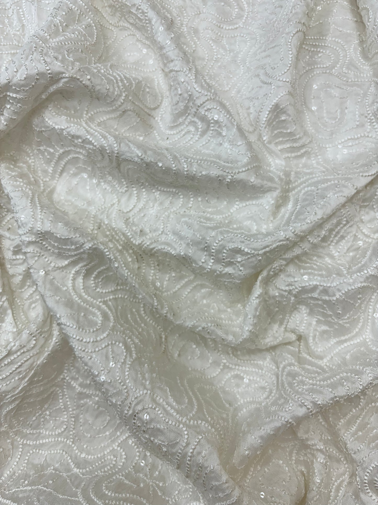 Intricate Sequin and Thread Embroidery on White Dyeable Mysore Silk Fabric