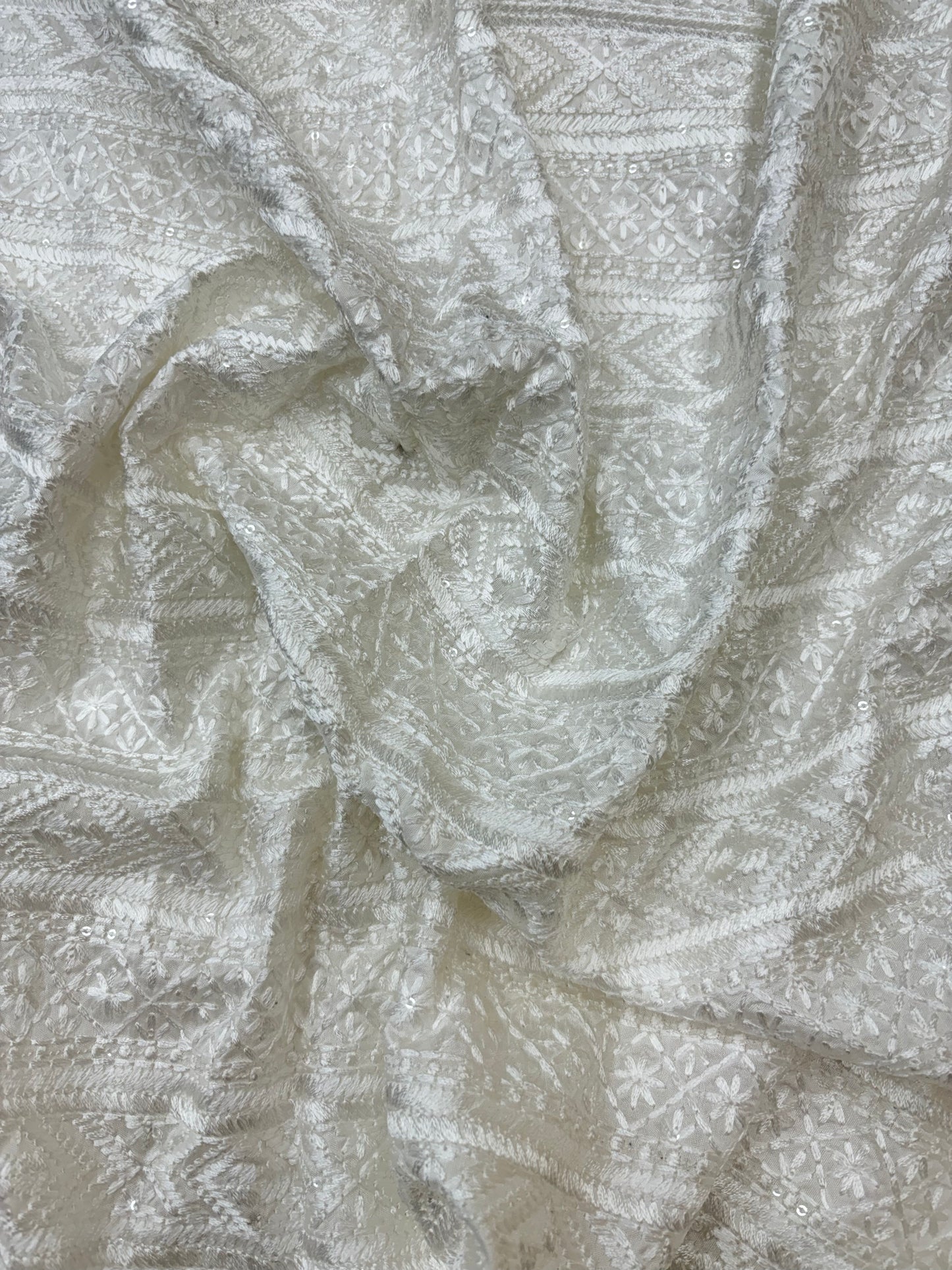 Intricate Geometric Sequin and Thread Embroidery on White Dyeable Mysore Silk Fabric