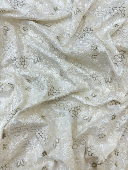 Delicate Floral Embroidery and Sequin Detailing on White Dyeable Mysore Silk Fabric