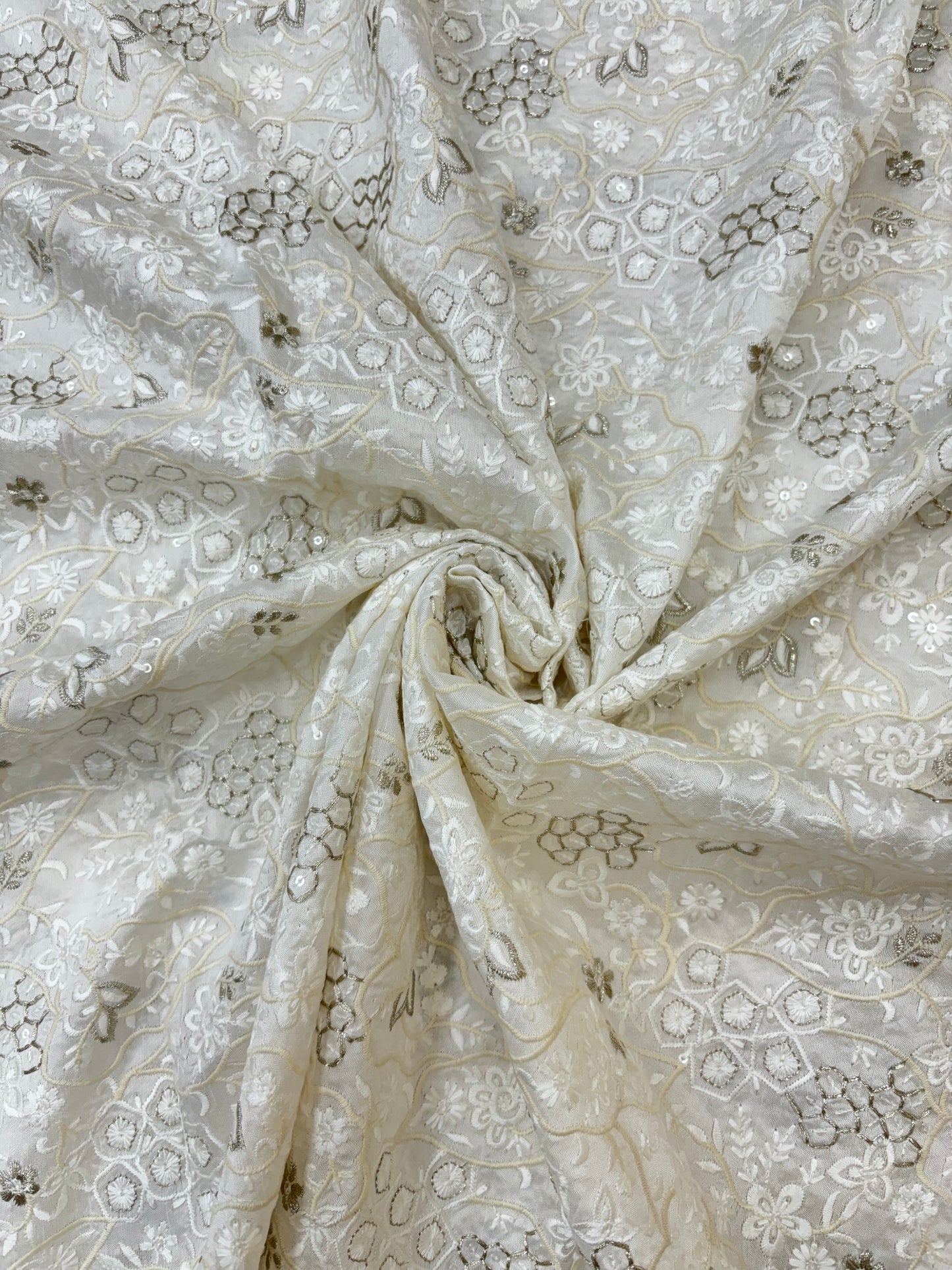 Delicate Floral Embroidery and Sequin Detailing on White Dyeable Mysore Silk Fabric