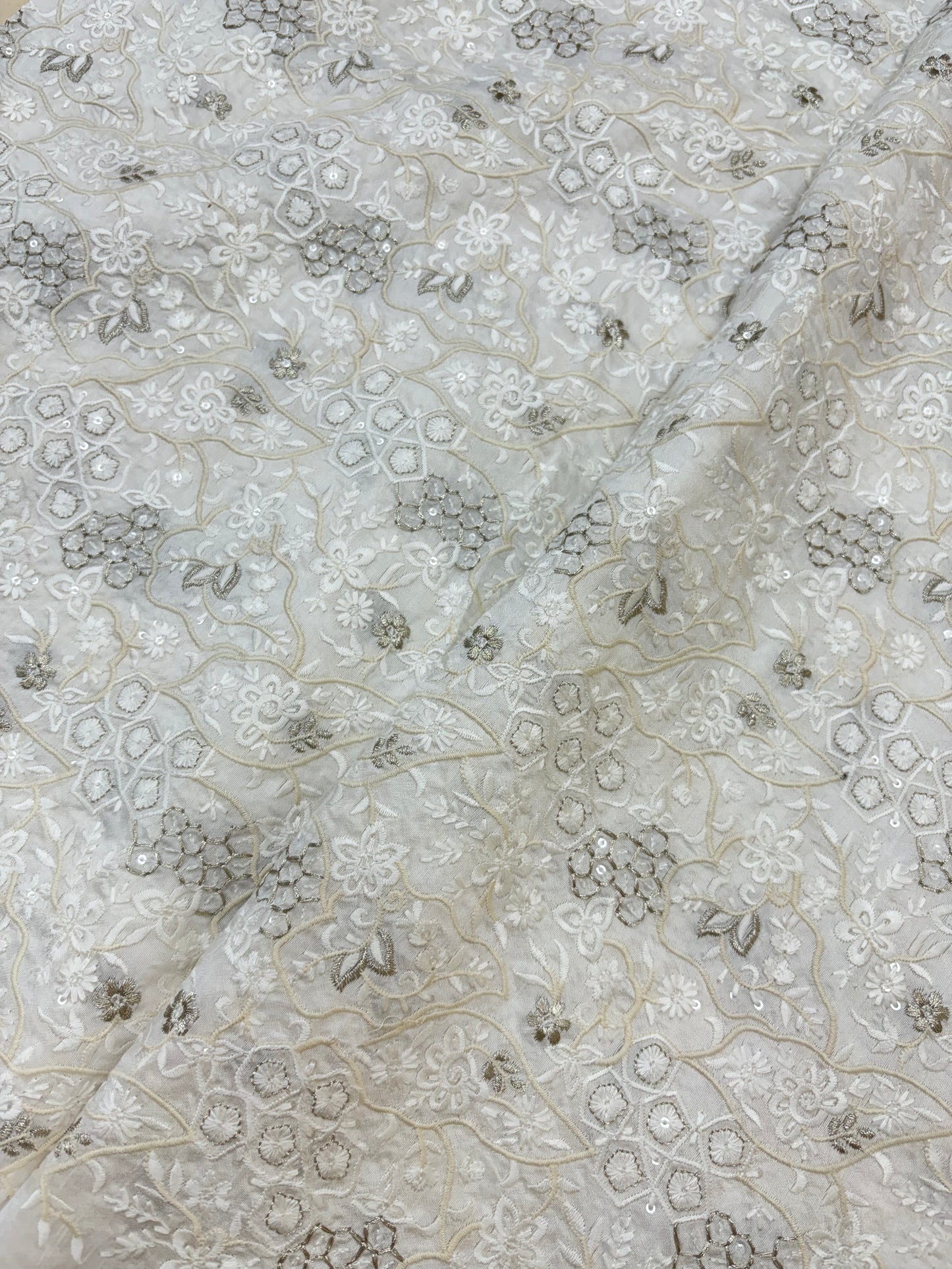 Delicate Floral Embroidery and Sequin Detailing on White Dyeable Mysore Silk Fabric