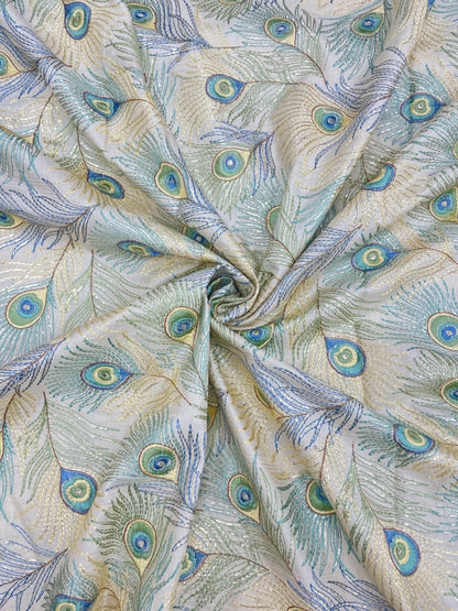 Very Luxurious Traditional Peacock Feather Thread Embroidery With Foil Work On Mysore Silk Fabric