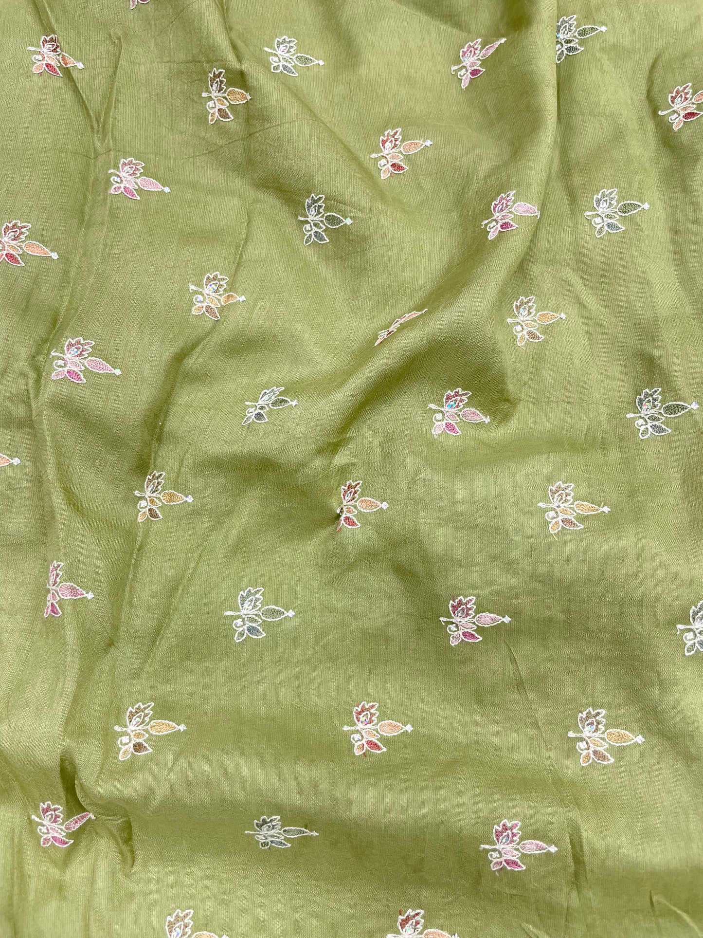 Unique Delicate Multi Color Butti Thread Embroidery With Sequin Work On Mysore Silk Fabric