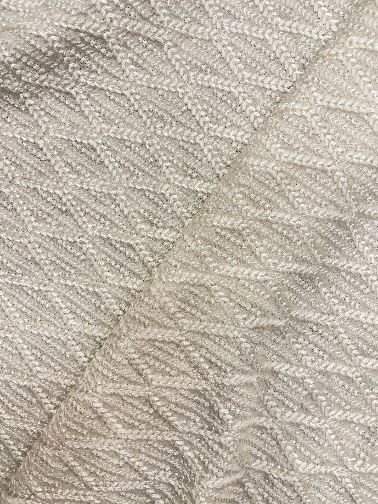 Stunning Classic Diamond Shaped White Thread Embroidery On White Dyeable Mysore Silk Fabric