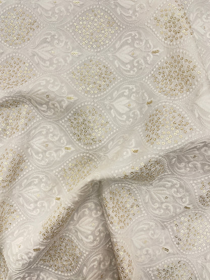 Exclusive Glorious Palm Leafy White Thread Embroidery With Sequin Work On White Dyeable Mysore Silk Fabric