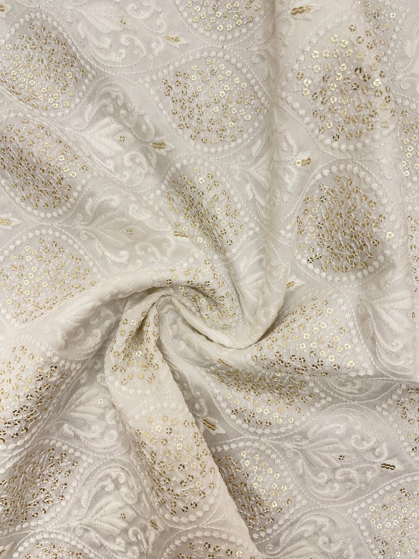 Exclusive Glorious Palm Leafy White Thread Embroidery With Sequin Work On White Dyeable Mysore Silk Fabric