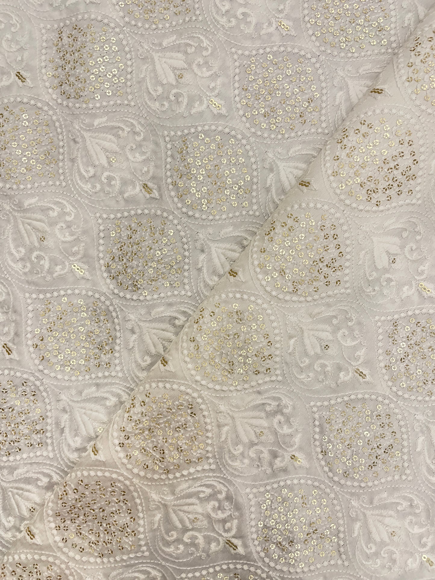 Exclusive Glorious Palm Leafy White Thread Embroidery With Sequin Work On White Dyeable Mysore Silk Fabric