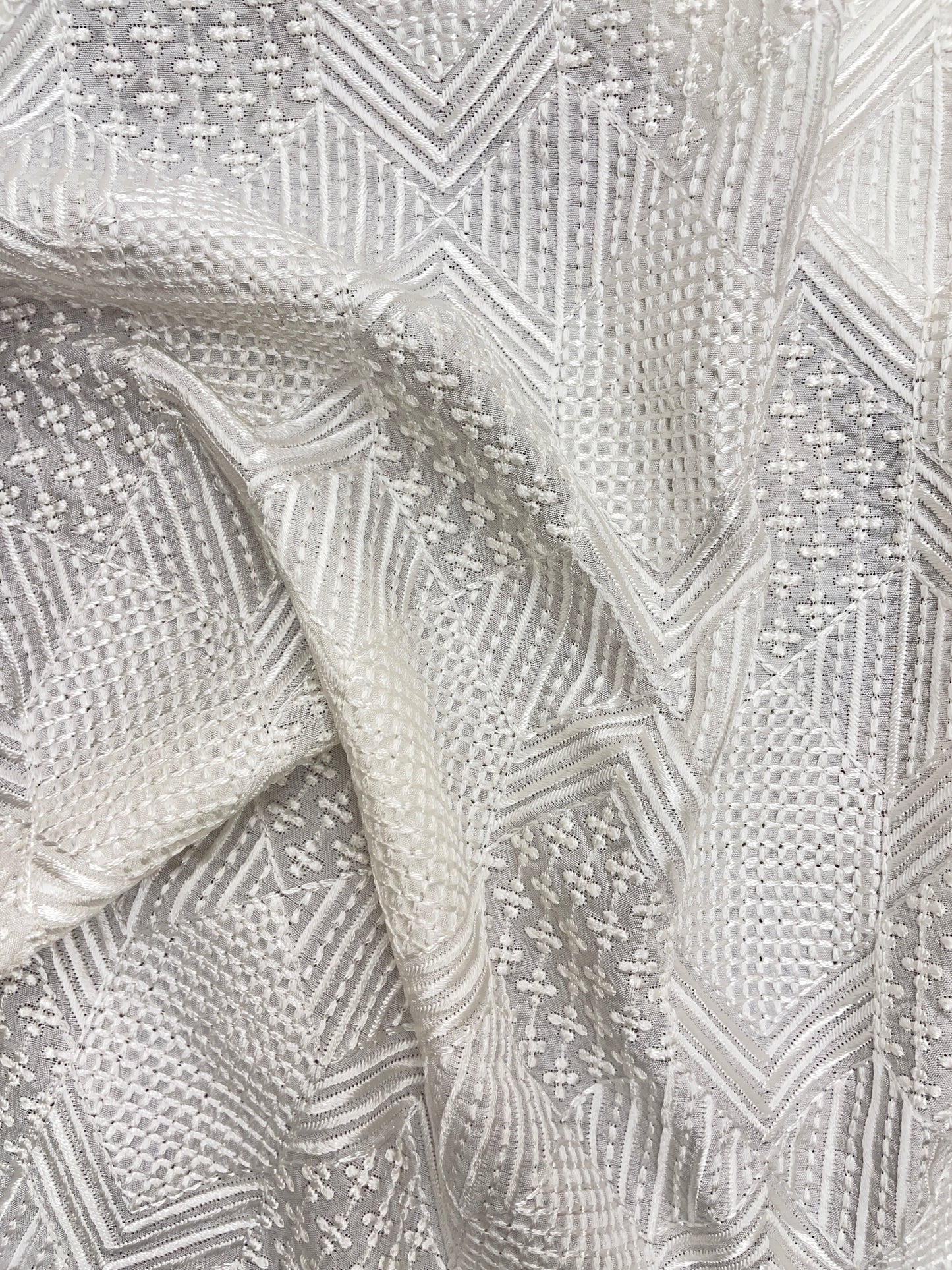 Unique Delicate Arrow White Thread Embroidery On White Dyeable Mysore Silk Fabric