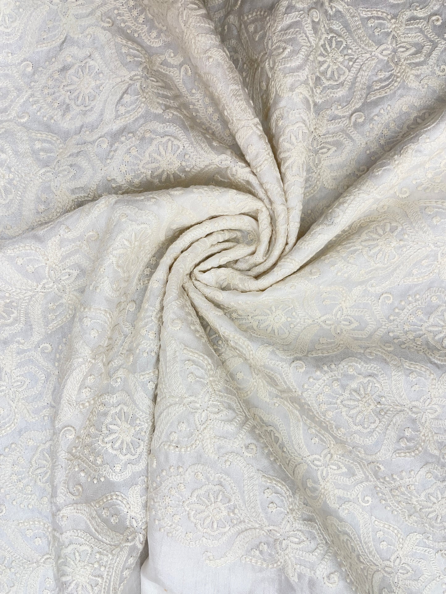 Superb Pretty Traditional White Thread Embroidery On White Dyeable Mysore Silk Fabric