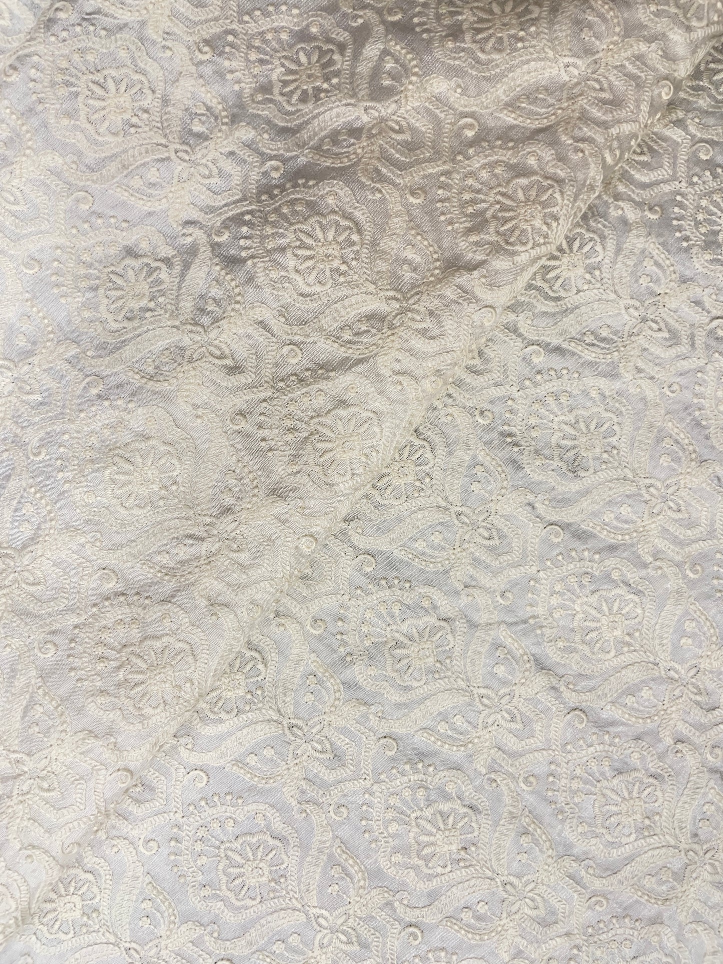 Superb Pretty Traditional White Thread Embroidery On White Dyeable Mysore Silk Fabric