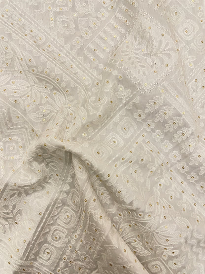 Pretty Multi Pattern White Thread Embroidery With Sequin Work On White Dyeable Mysore Silk Fabric