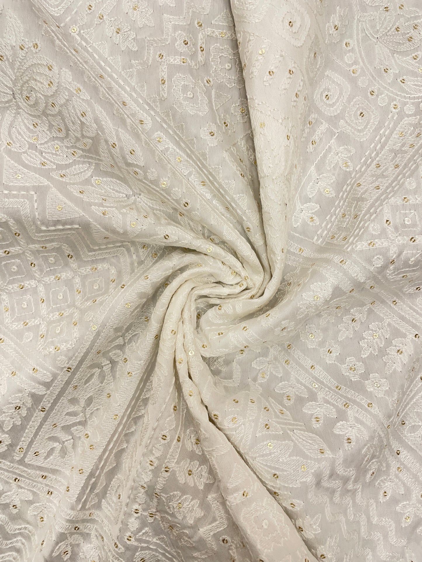 Pretty Multi Pattern White Thread Embroidery With Sequin Work On White Dyeable Mysore Silk Fabric