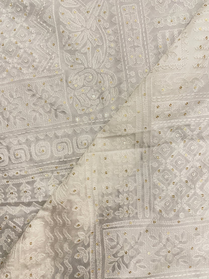 Pretty Multi Pattern White Thread Embroidery With Sequin Work On White Dyeable Mysore Silk Fabric