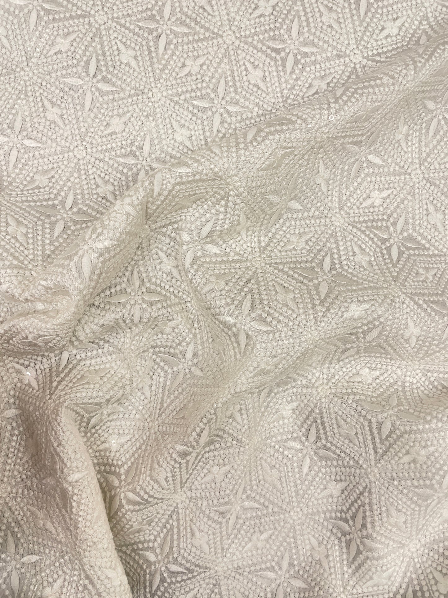 Unique Fantastic Star Shaped White Thread Embroidery On White Dyeable Mysore Silk Fabric