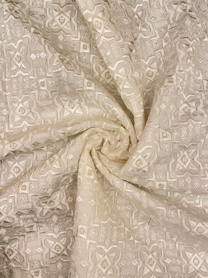 Exclusive Luxurious Traditional Floral White Thread Embroidery On White Dyeable Mysore Silk Fabric