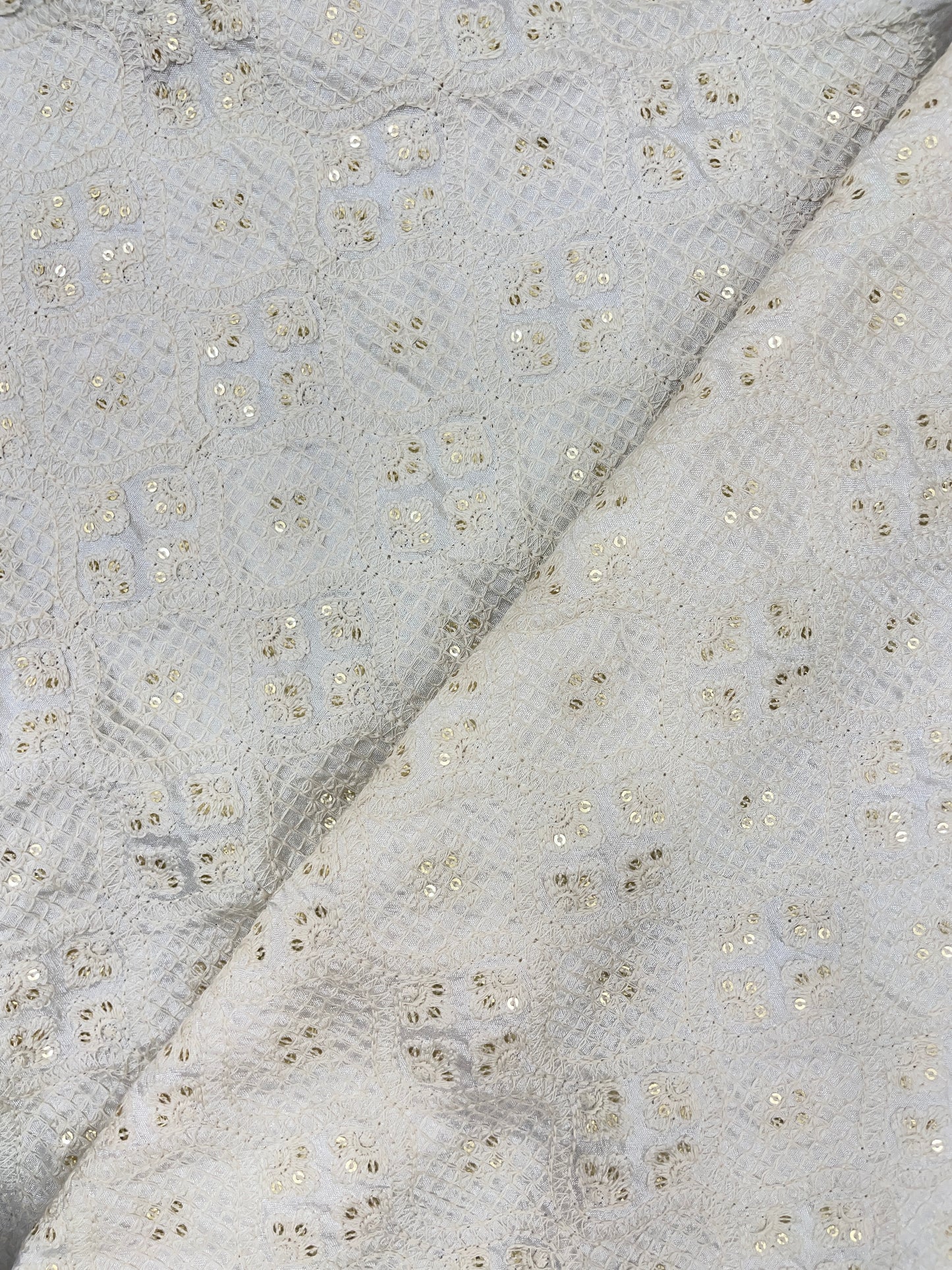 Top Notch Delicate Thread Embroidery With Shiny Sequin Work On White Dyeable Mysore Silk Fabric