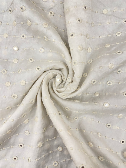 Minimal Elegant Parallel White Thread Embroidery With Faux Mirror Work On White Dyeable Mysore Silk Fabric