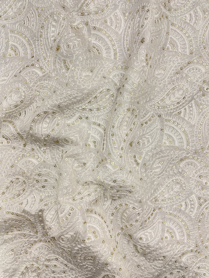 Attractive Brilliant Paisley White Thread Embroidery With Sequin Work On White Dyeable Mysore Silk Fabric