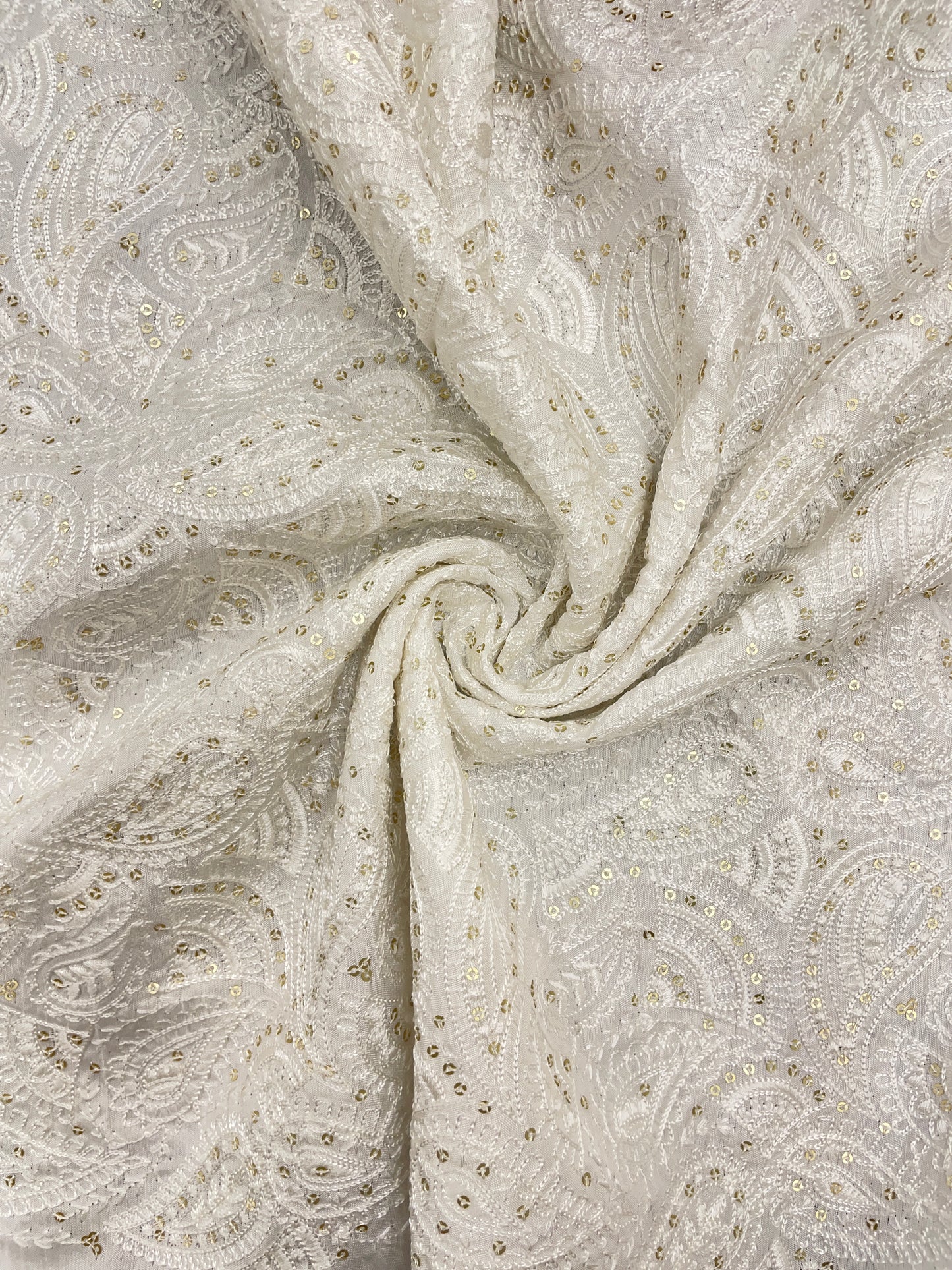 Attractive Brilliant Paisley White Thread Embroidery With Sequin Work On White Dyeable Mysore Silk Fabric