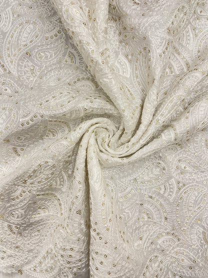 Attractive Brilliant Paisley White Thread Embroidery With Sequin Work On White Dyeable Mysore Silk Fabric