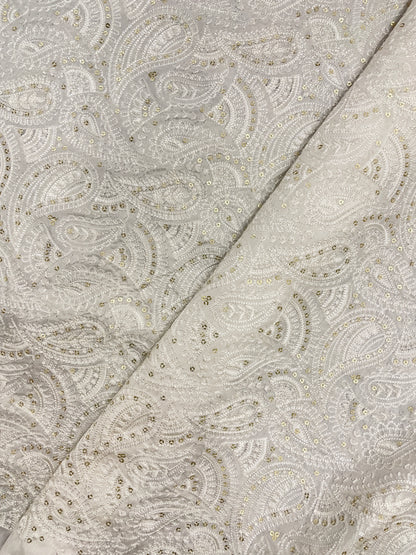 Attractive Brilliant Paisley White Thread Embroidery With Sequin Work On White Dyeable Mysore Silk Fabric