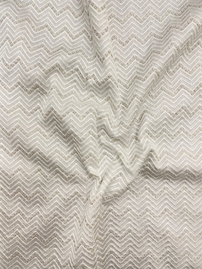 Beautiful Subtle Zig Zag Thread Embroidery With Sequin Work On White Dyeable Mysore Silk Fabric